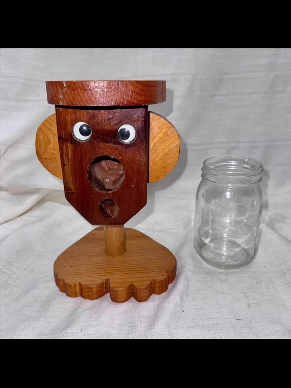Vintage Hand Made Country Bumpkin Wooden Nut/Candy Dispenser with Jar